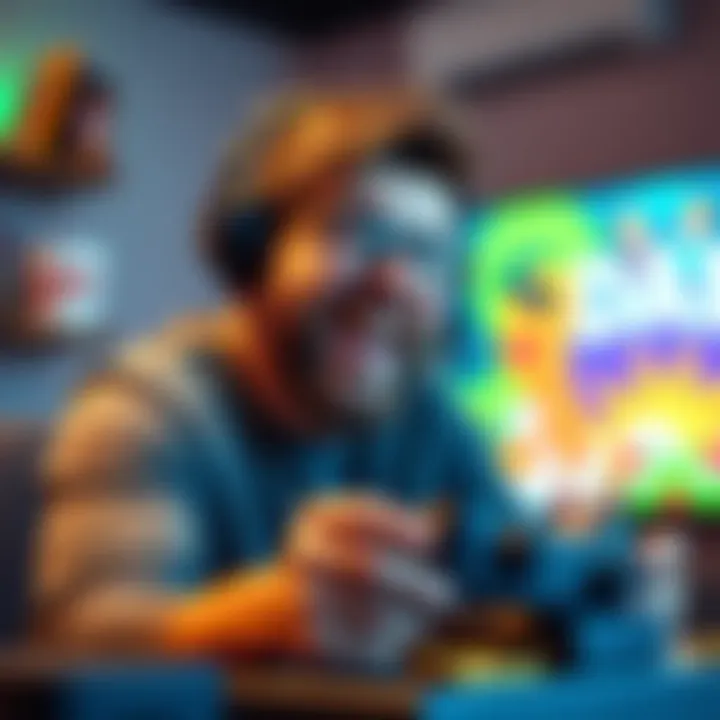 A man with glasses and a gaming headset, wearing a dad shirt and laughing while playing video games on a console, surrounded by game snacks.