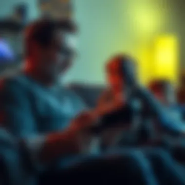 A busy dad with a game controller, enjoying a quick gaming session on the couch while keeping an eye on his kids nearby.