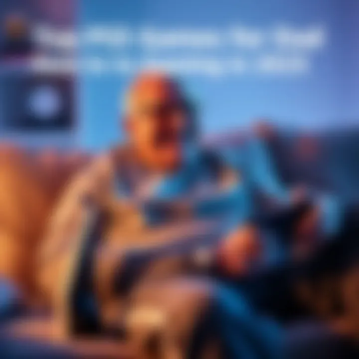An older man enjoying a PS5 game with a big smile, sitting comfortably on a couch with a controller in hand, surrounded by gaming accessories.