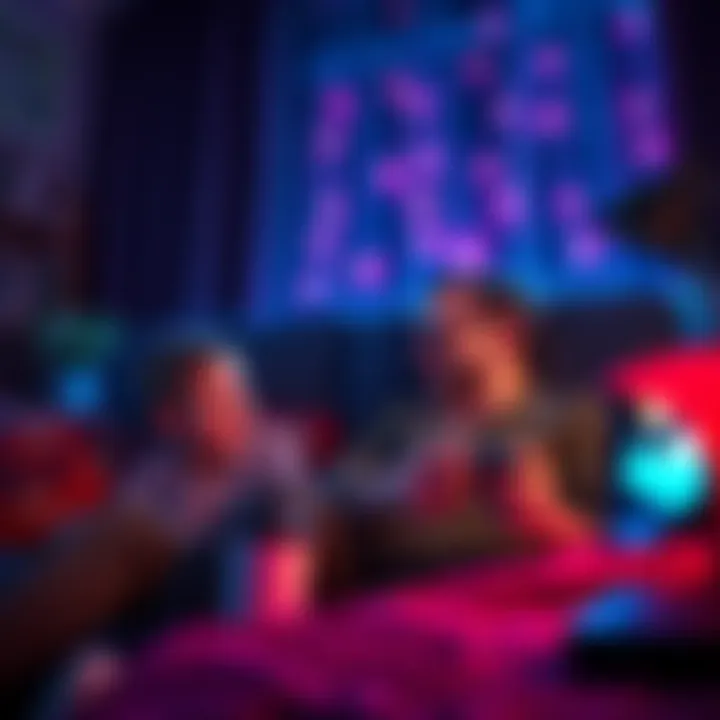 A father enjoying a gaming session at night while his kids are asleep, surrounded by gaming gear and a joyful atmosphere.