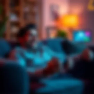 A father relaxing while playing video games on a couch with a game controller in hand