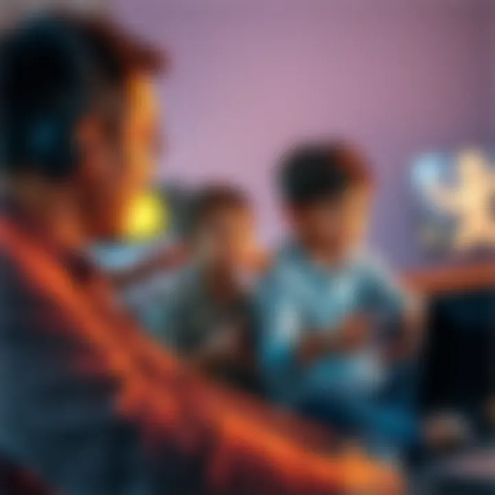 A father playing video games while his children play nearby, showing the balance between family and gaming.