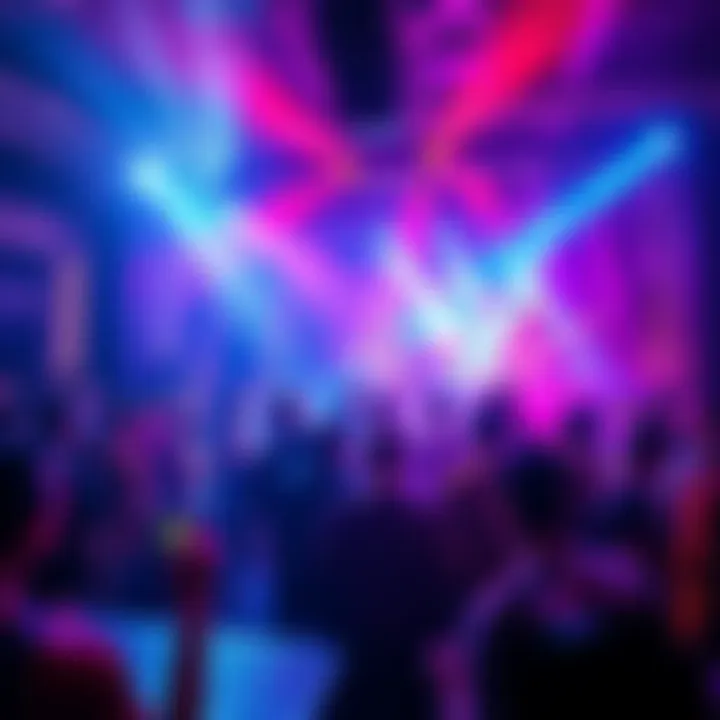 A lively crowd dancing at a Daft Punk themed party with colorful lights and DJ booth