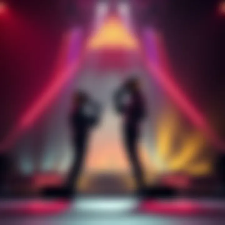 Daft Punk performing live on stage with their iconic pyramid structure in the background