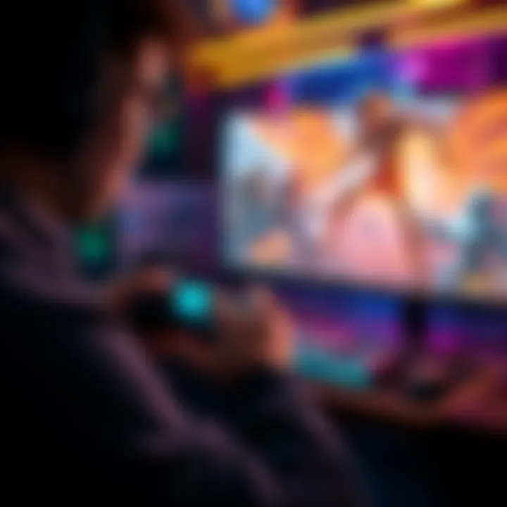 A gamer in intense focus, holding a controller tightly while a character performs a dagger clutch move on screen, surrounded by a vibrant gaming setup.