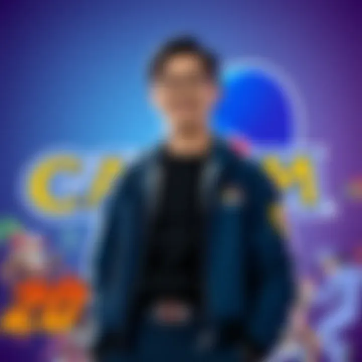 Daigo Ikeno standing proudly in front of Capcom's logo, celebrating his 30 years as Art Director, with artwork from DD1 and DD2 displayed around him.