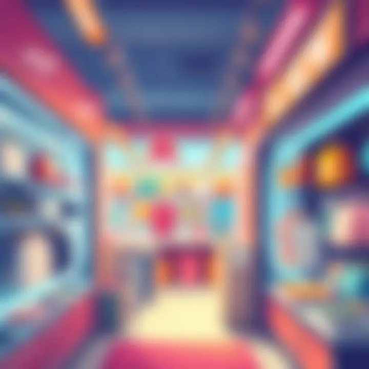 Illustration of a vibrant online item shop showcasing various products available for purchase, with highlights on popular items and discounts, creating an appealing shopping environment.