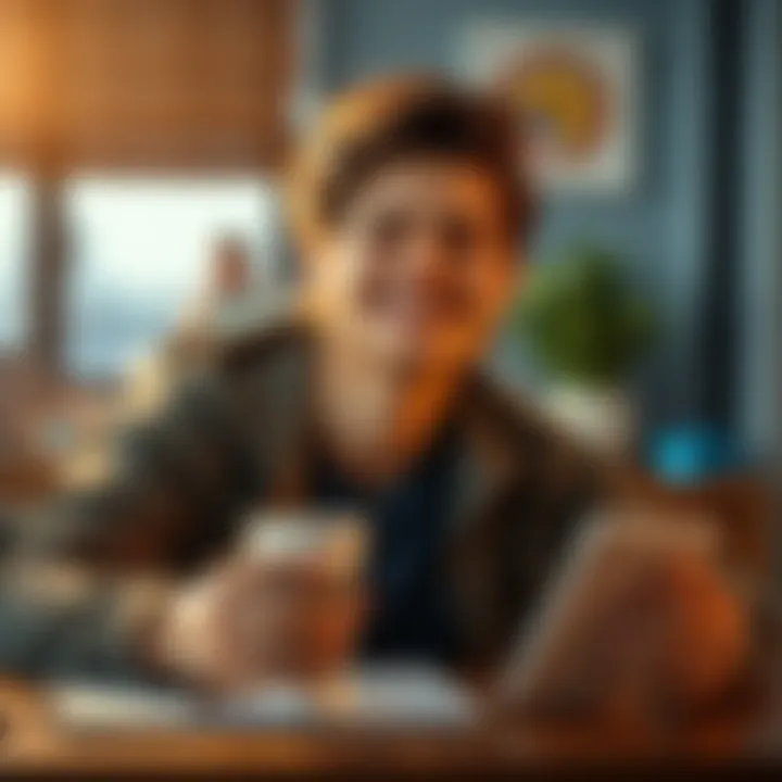 A person smiling while trying a new daily routine trick with everyday items like a cup and a notebook.