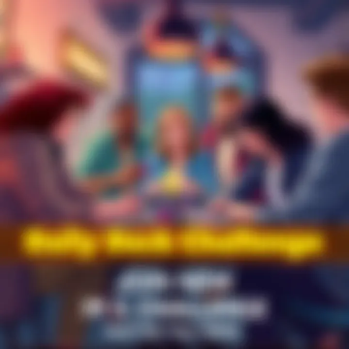 Daily Deck Challenge Illustration A group of friends gathered around a table, analyzing deck cards and discussing strategies in a lively atmosphere.