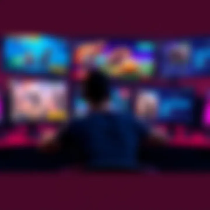 A gamer at a desk with multiple screens showing different games, looking pressured while checking daily login rewards and notifications