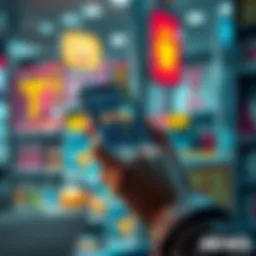 Daily Item Shop Best Deals A person browsing the Daily Item Shop on a smartphone, looking at various items for purchase with colorful graphics displayed.