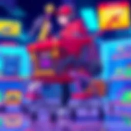 Daily Item Shop Offerings An illustration showing a variety of virtual items available for purchase in a daily shop, including weapons, skins, and collectibles, with shopping carts in the background.