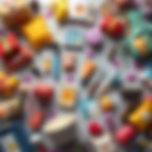 A flat lay of various items from the Daily Item Shop, showcasing colorful products available for purchase, with price tags visible.