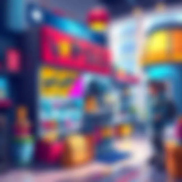 Illustration of a colorful in-game shop featuring various items available for purchase, like weapons, outfits, and accessories, set in a vibrant gaming environment.