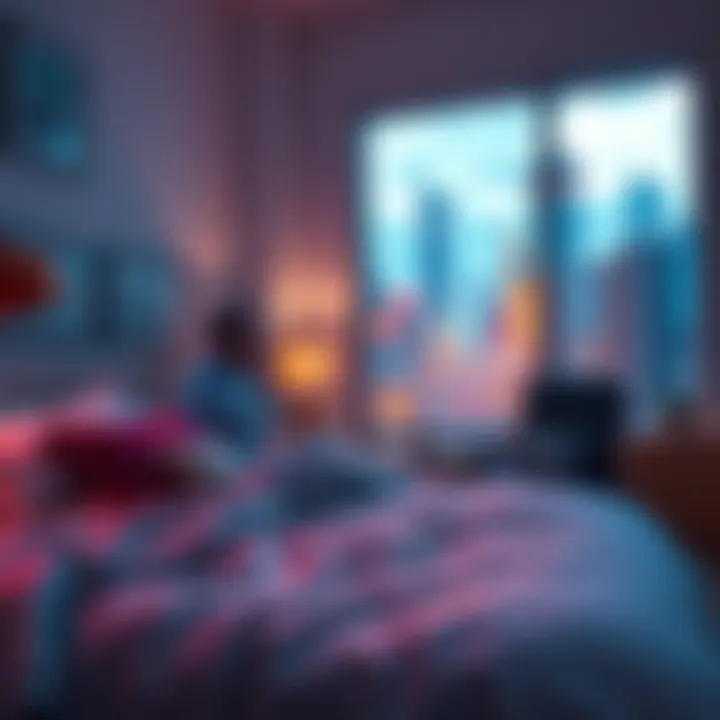 A person waking up in a cozy bedroom, getting ready for the day, and preparing to leave for work in a vibrant city environment.