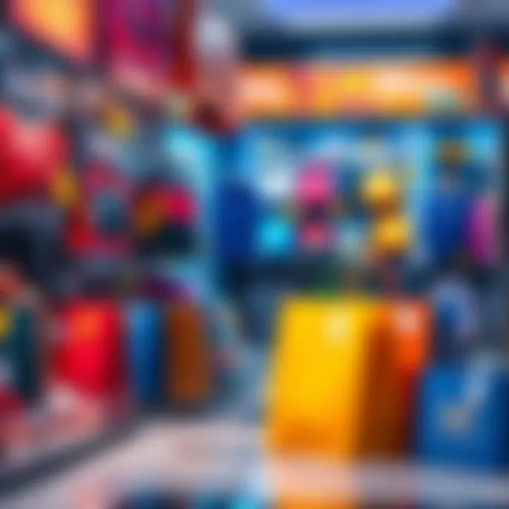 A colorful display of featured items available for purchase in the item shop with price tags and shopping bags