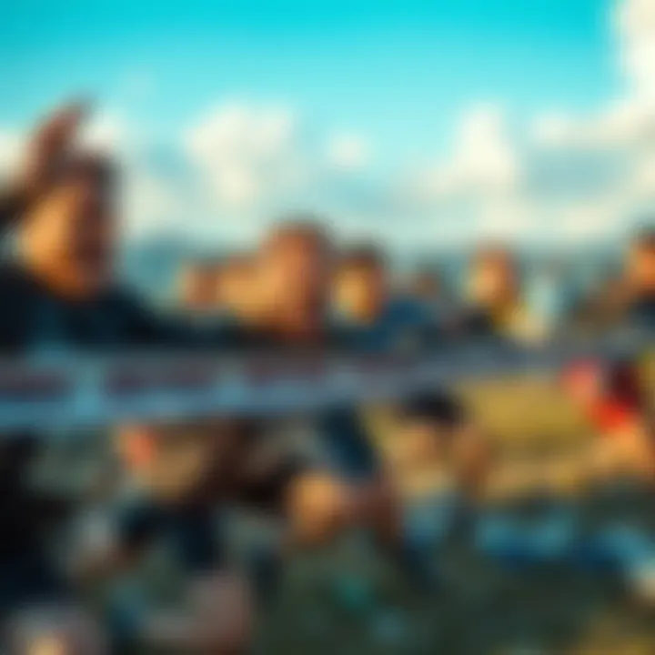 A dramatic moment at the dam battlegrounds showing competitors crossing the finish line closely together, with expressions of shock and excitement on their faces.