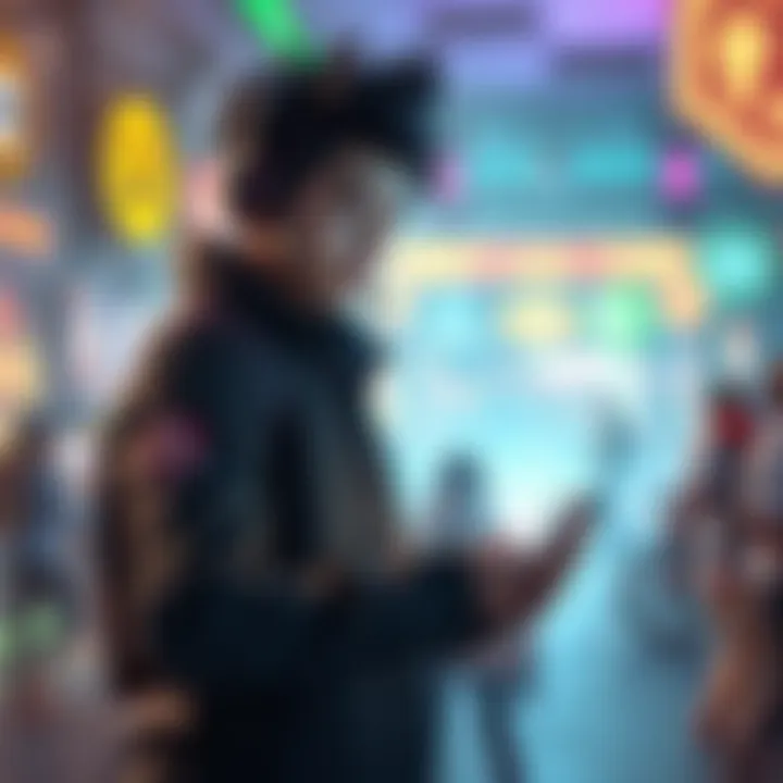 A character holding a glowing damage item while strategizing in a vibrant gaming environment