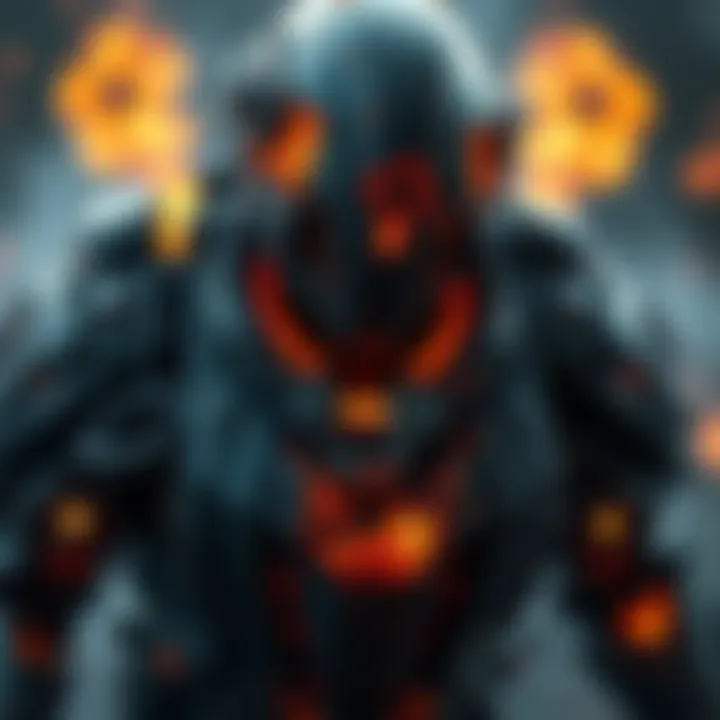 A close-up of a battle suit showing scorch marks and sections vaporized after an intense fight.