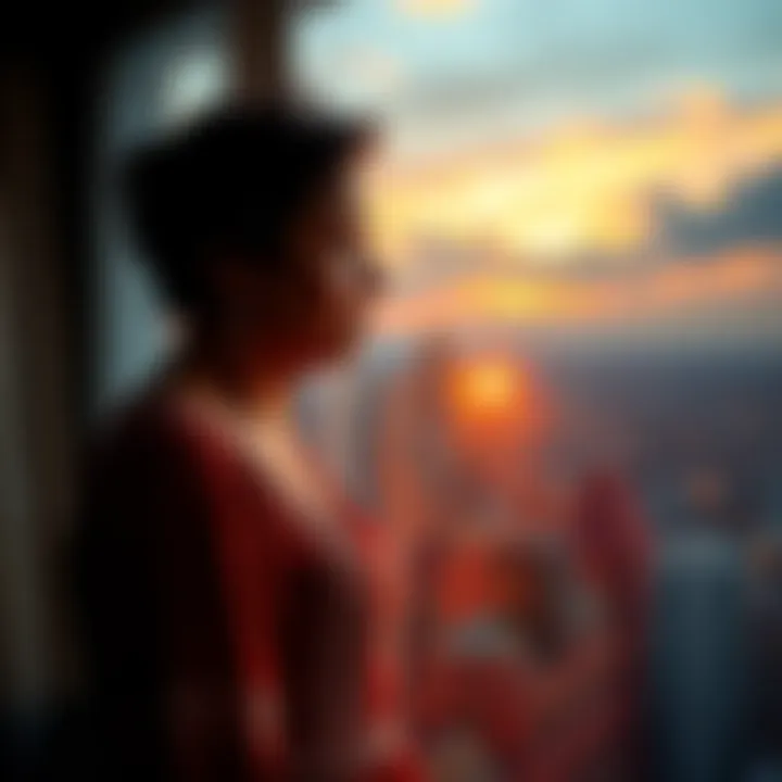 Aylin stands by a window, gazing at the sunrise, her expression a mix of despair and hope.