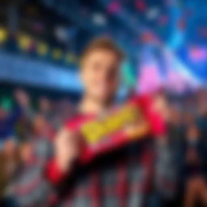 Dan reveals the best candy Dan smiling while holding a colorful candy package in front of a cheering crowd