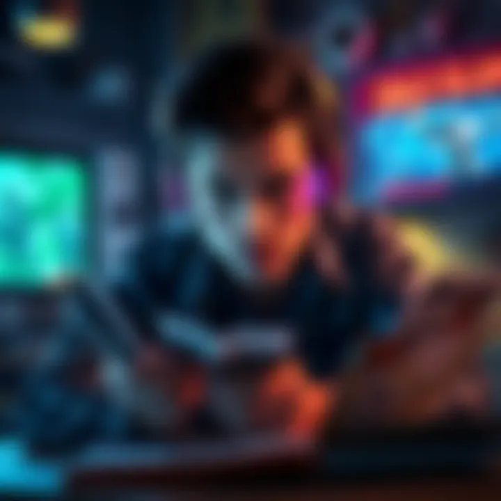 A player focused on a role-playing game, surrounded by game manuals and strategy guides, showing determination