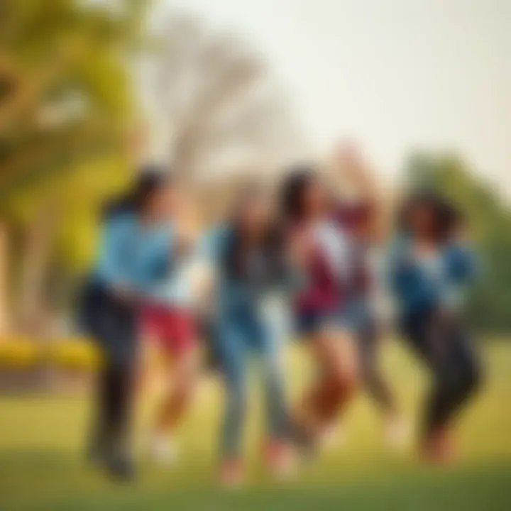 A group of young people happily participating in a dance challenge on social media, showing enthusiasm and energy while dancing in a park.