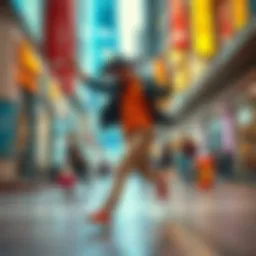A person dancing with energetic movements, showing a blend of dance and spontaneous twitching, set in a vibrant urban environment