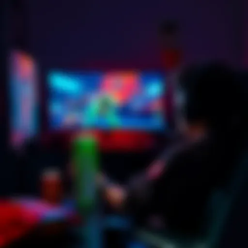Dangerous Video Games A gamer sitting in a dark room, intensely focused on a screen showing a graphic violent game, surrounded by energy drinks and snacks.