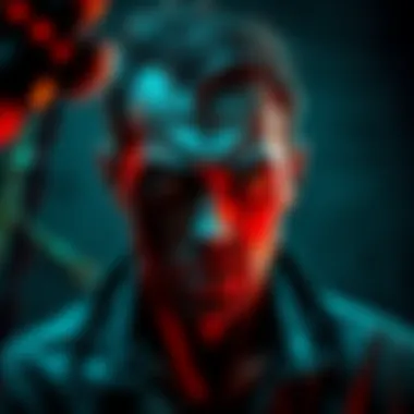 A character depiction of Daniel Lamb showcasing his troubled expression and dark surroundings, reflecting his internal struggle.