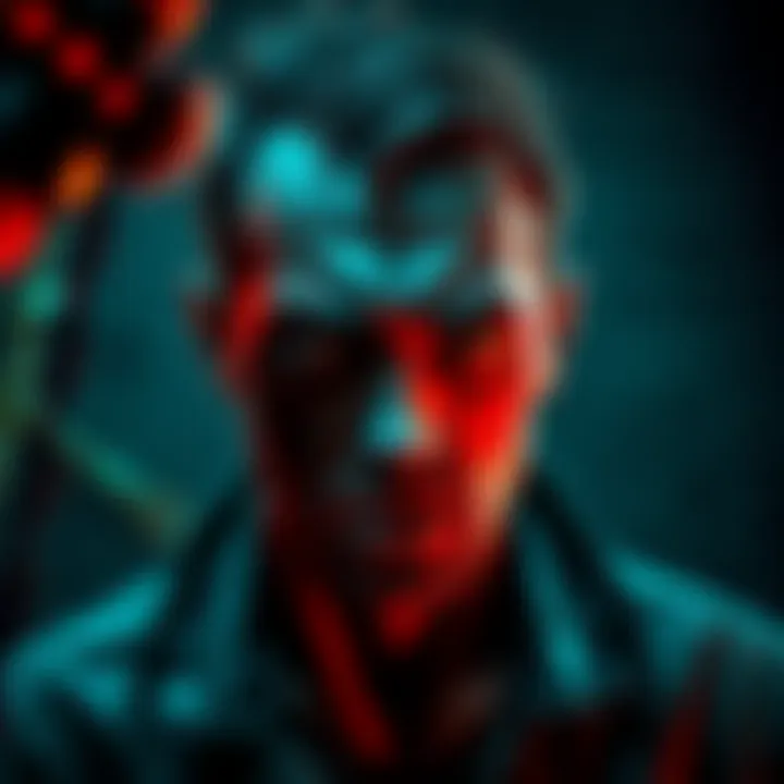 A character depiction of Daniel Lamb showcasing his troubled expression and dark surroundings, reflecting his internal struggle.
