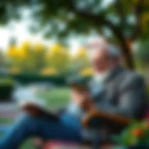 Retired entrepreneur Daniel Saltman relaxing in a park, reading a book and sipping coffee, reflecting on life after business.