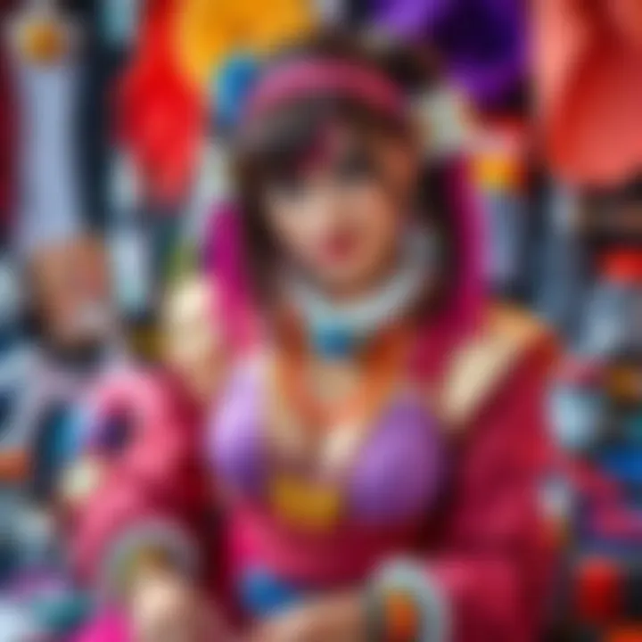 A person in a creative Daniela cosplay outfit, showcasing vibrant colors and detailed accessories, surrounded by crafting materials.