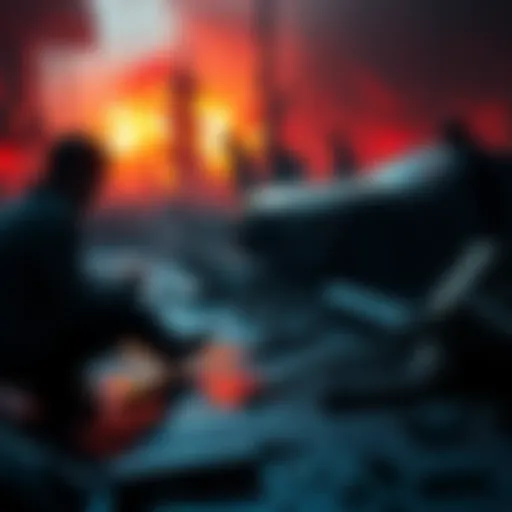 A chaotic scene depicting the aftermath of a sudden crisis, showing stressed people and debris scattered around.