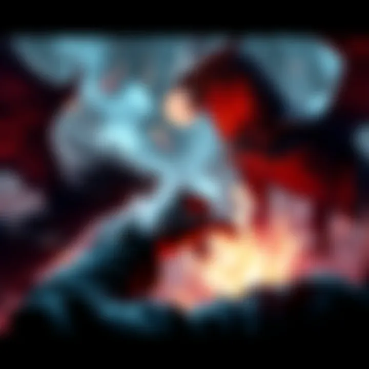 A player using dark gift cards in a game, with powerful dragons in the background and a feeling of tension in the air.