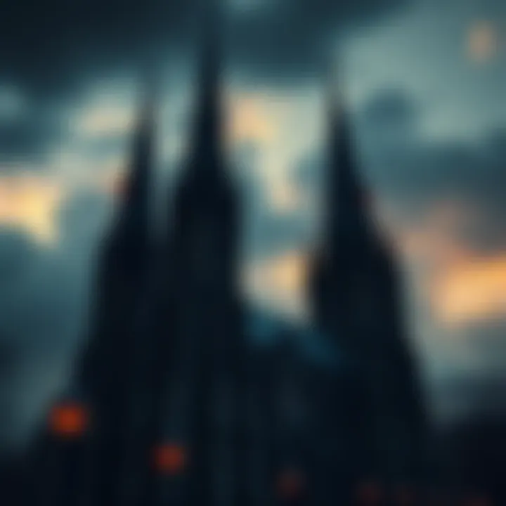 A shadowy cathedral with towering spires and ominous clouds, representing the aesthetic of dark films