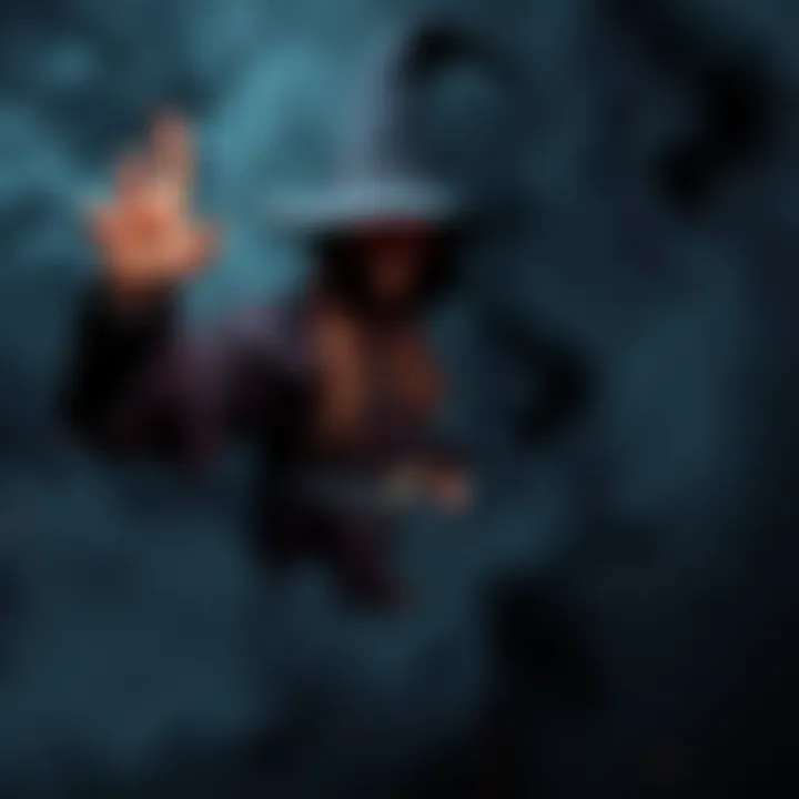 A dark wizard casting an unforgivable curse, surrounded by swirling shadows and mist.