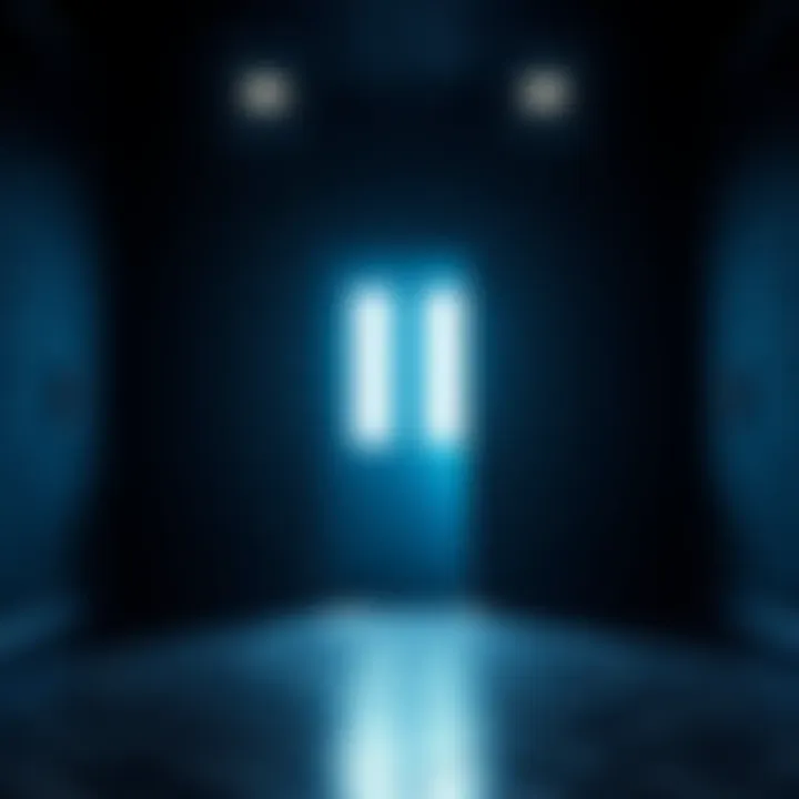 A dark room with an open door, shadows lurking in the corners, creating a tense atmosphere.