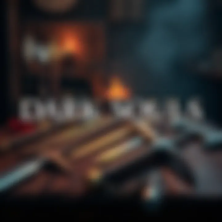 A selection of powerful melee weapons from Dark Souls displayed on a wooden table, showcasing swords and axes used in combat.