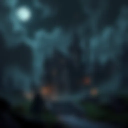 Dark Themed Game Scene A dark fantasy game landscape featuring a mysterious castle under a moonlit sky, with shadowy figures exploring the area.