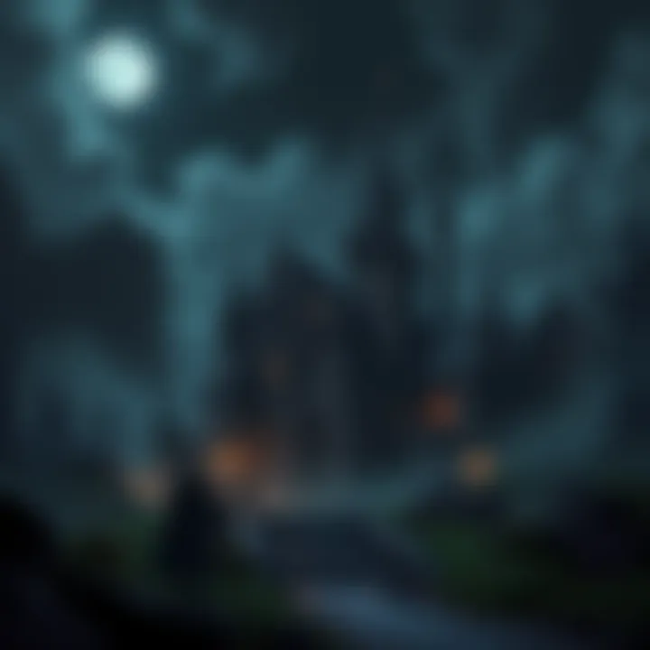 Dark Themed Game Scene A dark fantasy game landscape featuring a mysterious castle under a moonlit sky, with shadowy figures exploring the area.