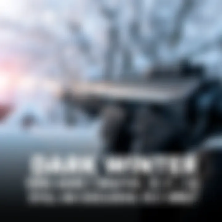 A close-up view of the Dark Winter SMG with a snowy background, showcasing its sleek design and tactical features. Players are discussing its effectiveness in-game.