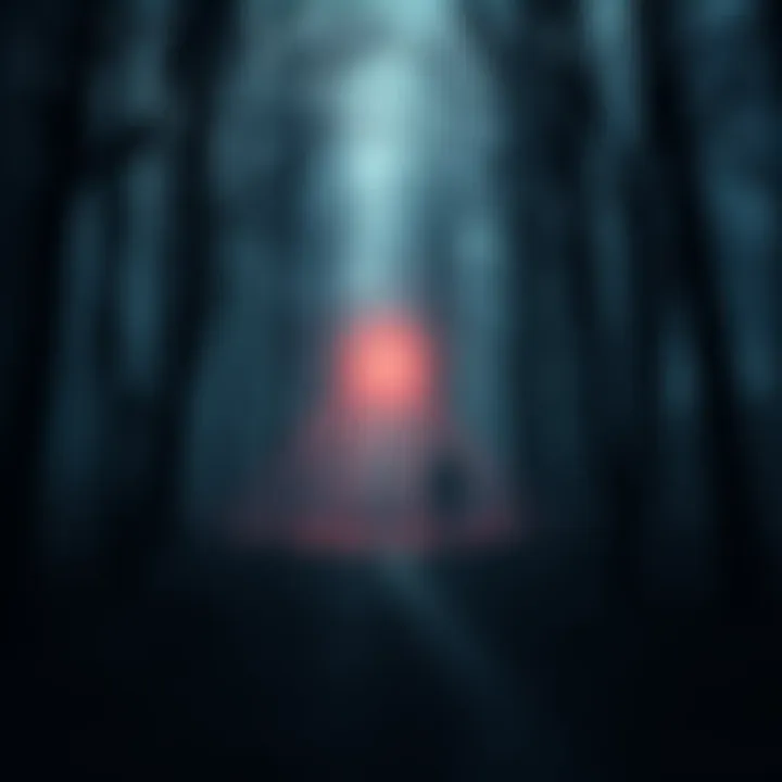 A spooky scene from a dark adventure game featuring a shadowy forest path with eerie lighting and ominous trees