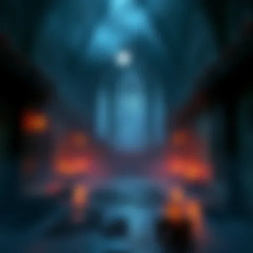 A serene game environment featuring gothic architecture and haunting elements, creating a mix of calm and suspense for players.
