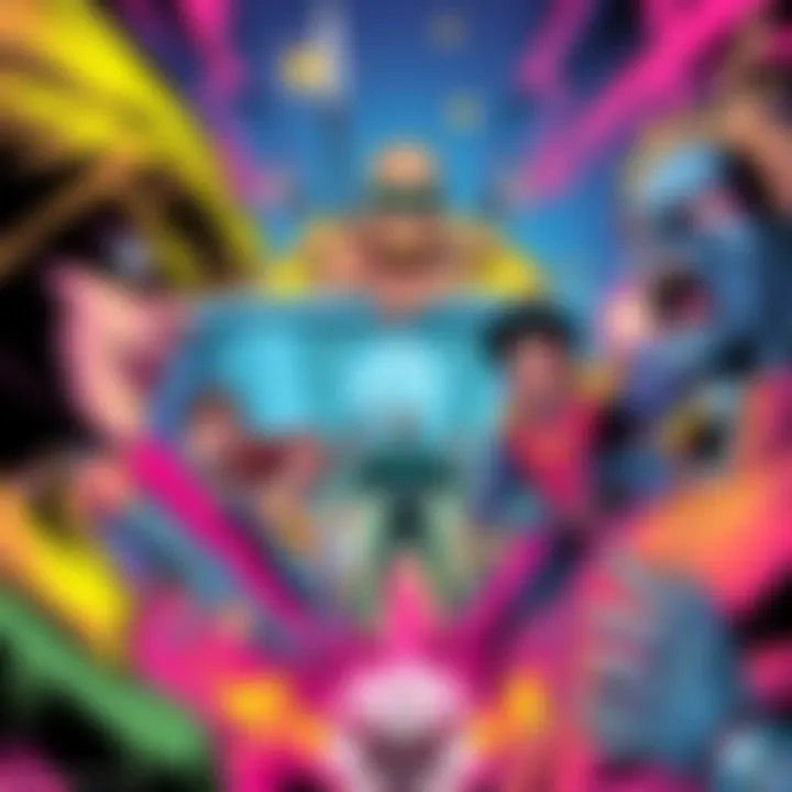 Colorful 80s comic art style Vibrant 80s comic style illustration showcasing bold colors and dynamic characters inspired by Dark Ages