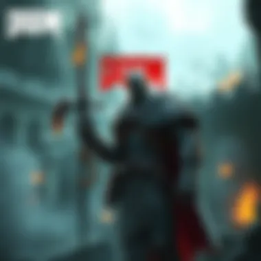 A warrior holding a new weapon stands in a dark medieval landscape filled with ancient ruins and mystical elements.