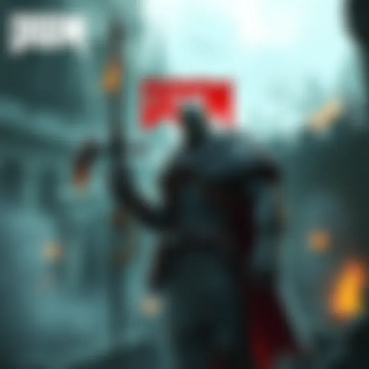 A warrior holding a new weapon stands in a dark medieval landscape filled with ancient ruins and mystical elements.