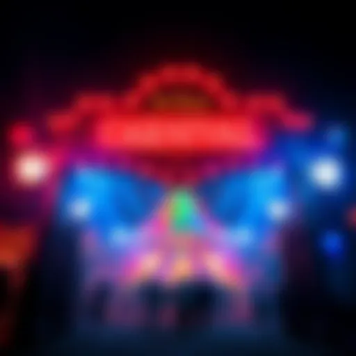 A spooky carnival entrance lit with colorful lights, featuring creepy decorations and a welcoming sign. People are gathered at the entrance, ready to explore the attractions.