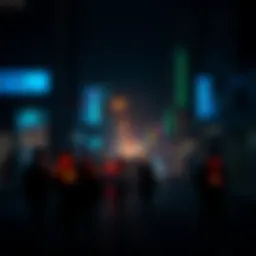 A dark city street with no lights, suggesting a power outage, people with candles and flashlights navigate the darkness.