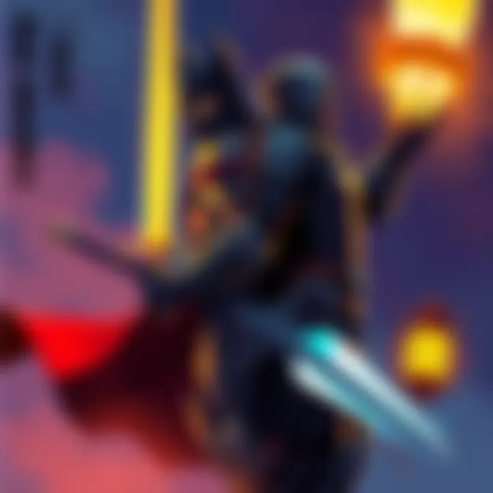 Illustration showing a character representing the Dark Crusader in dark armor with a sword, and another character as the Lampbearer holding a glowing lantern, standing back to back in a dramatic pose.